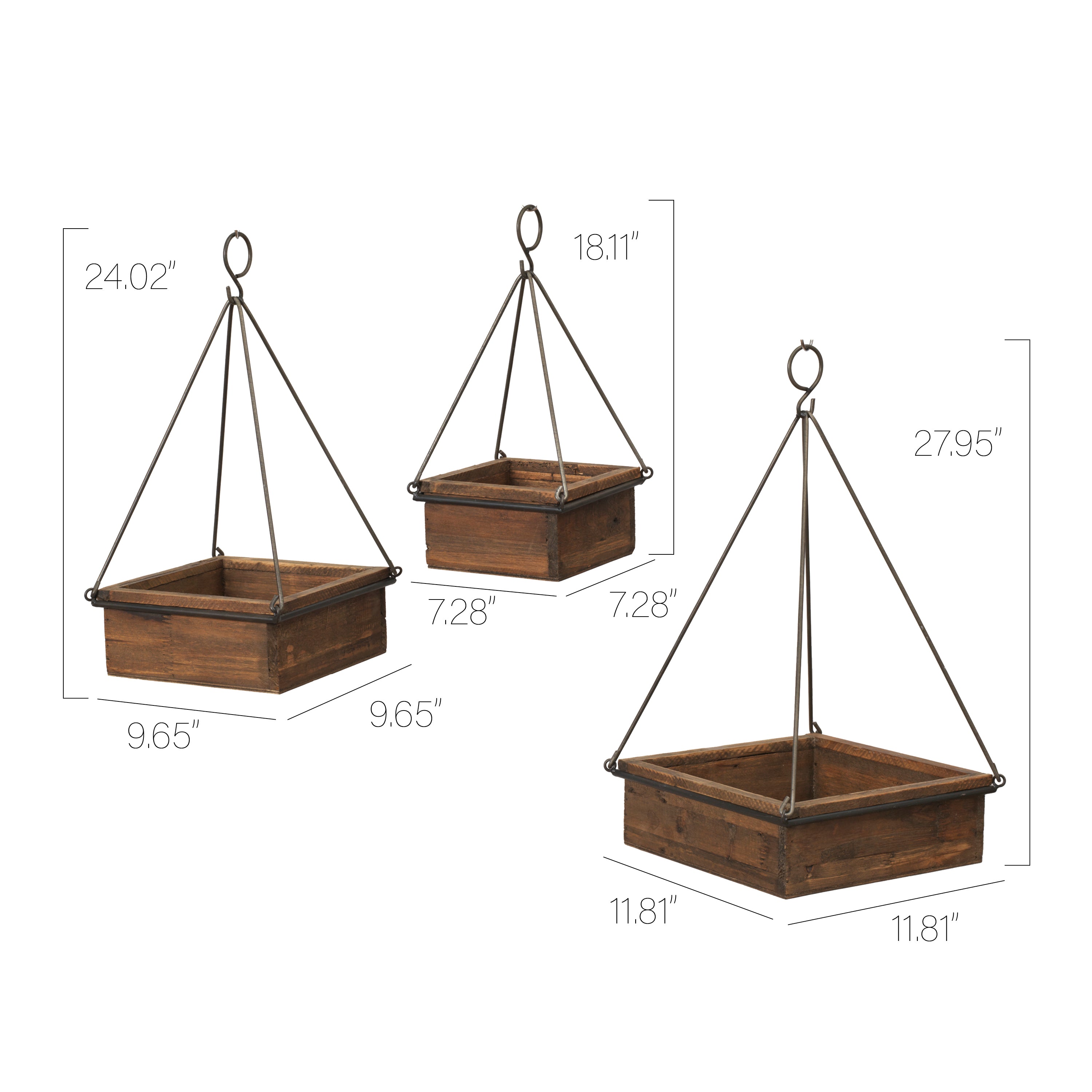 Set of 3 Square Rustic Wood and Metal Planters